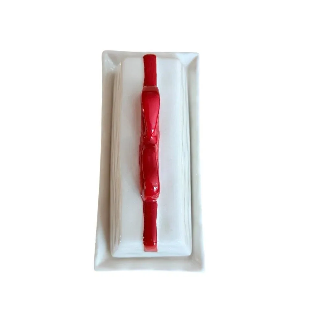 Anthropologie Benedita Bow Ceramic Stoneware Butter Dish Red Ribbon Ivory New